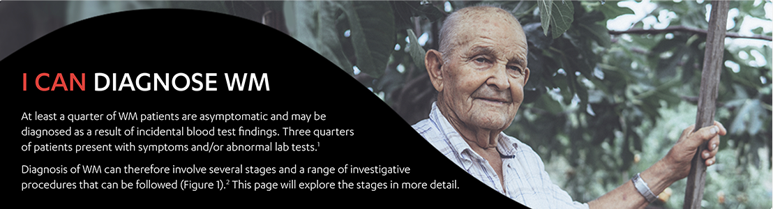An elderly male standing outside. I can diagnose WM.
                                At least a quarter of WM patients are asymptomatic and may be diagnosed as a result of incidental blood test findings. Three quarters of patients present with symptoms and/or abnormal lab tests.1
                                Diagnosis of WM can therefore involve several stages and a range of investigative procedures that can be followed (Figure 1).2 This page will explore the stages in more detail.